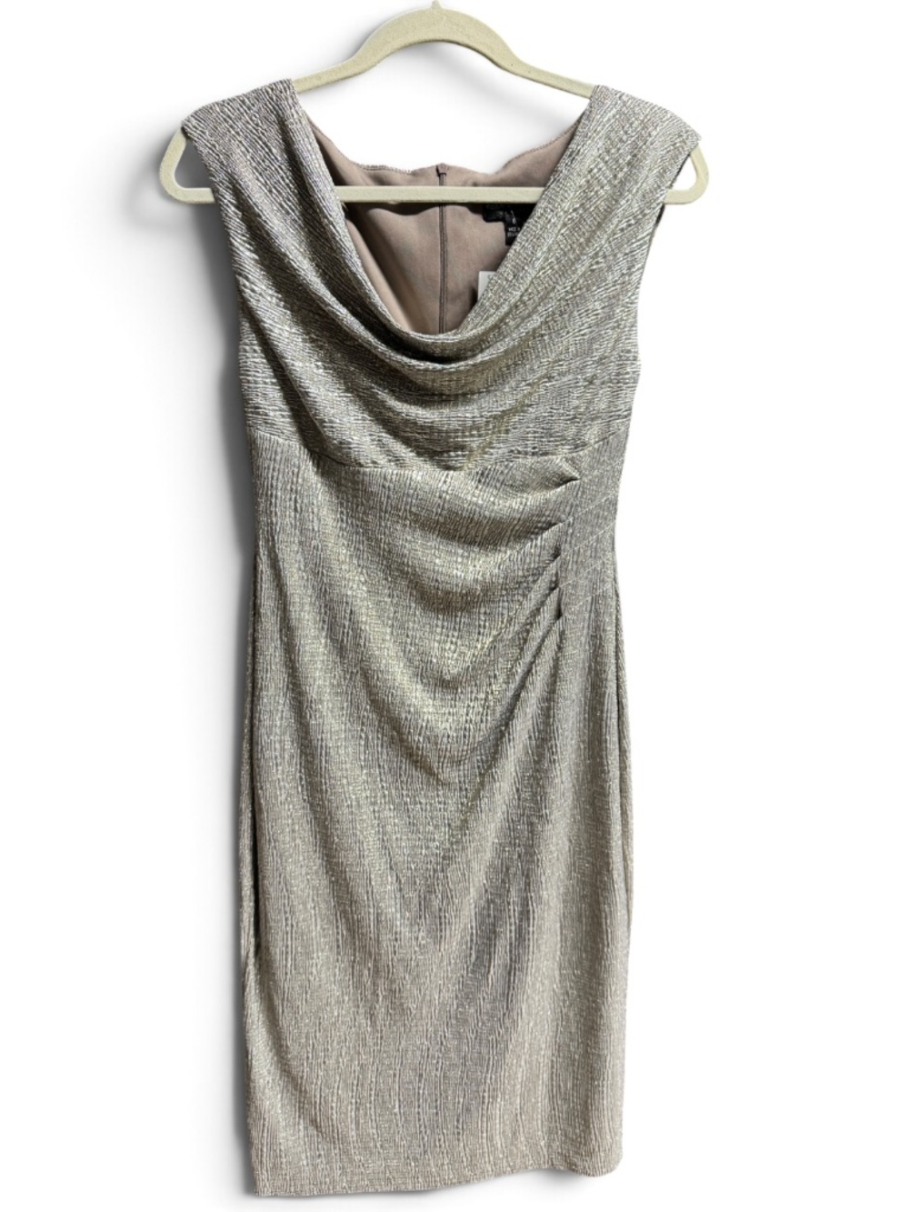 Connected Apparel Champagne Metallic Cowl Neck Evening Dress Size 6 NWT